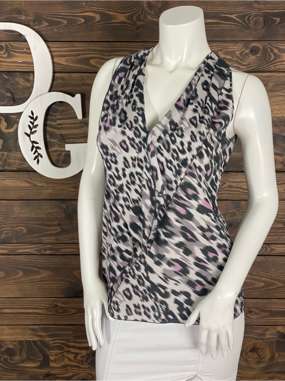 Ann Taylor | Silk Sleeveless Surplice Leopard‎ Animal Print Top Waterfall Ruffle
